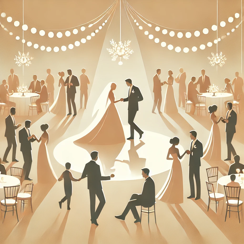 Illustration of a joyful celebration with guests interacting, sharing memories, and engaging in a festive event setting.